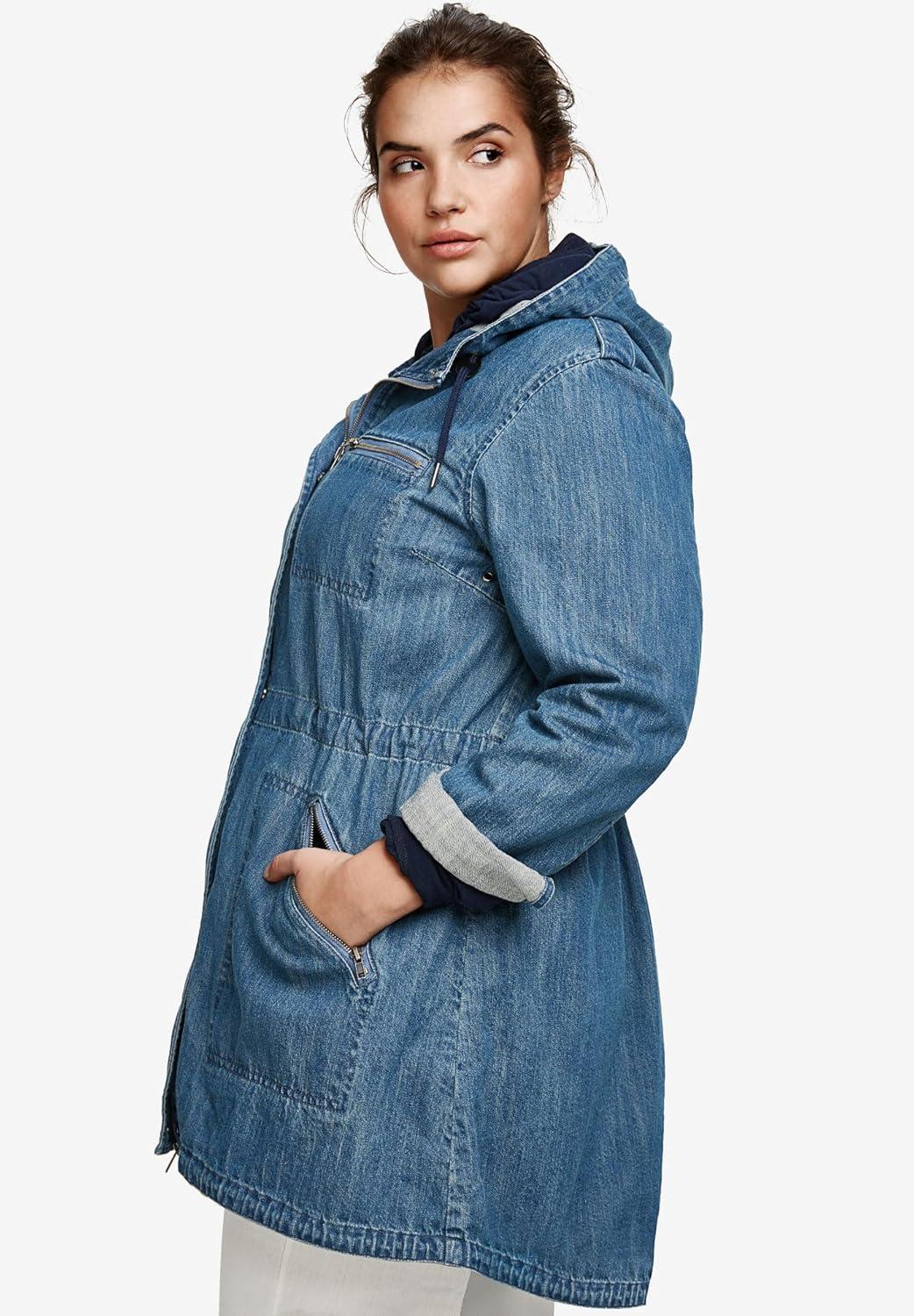 image:imageEllos Plus Size Hooded Anorak Denim JacketDark Blue Stonewash