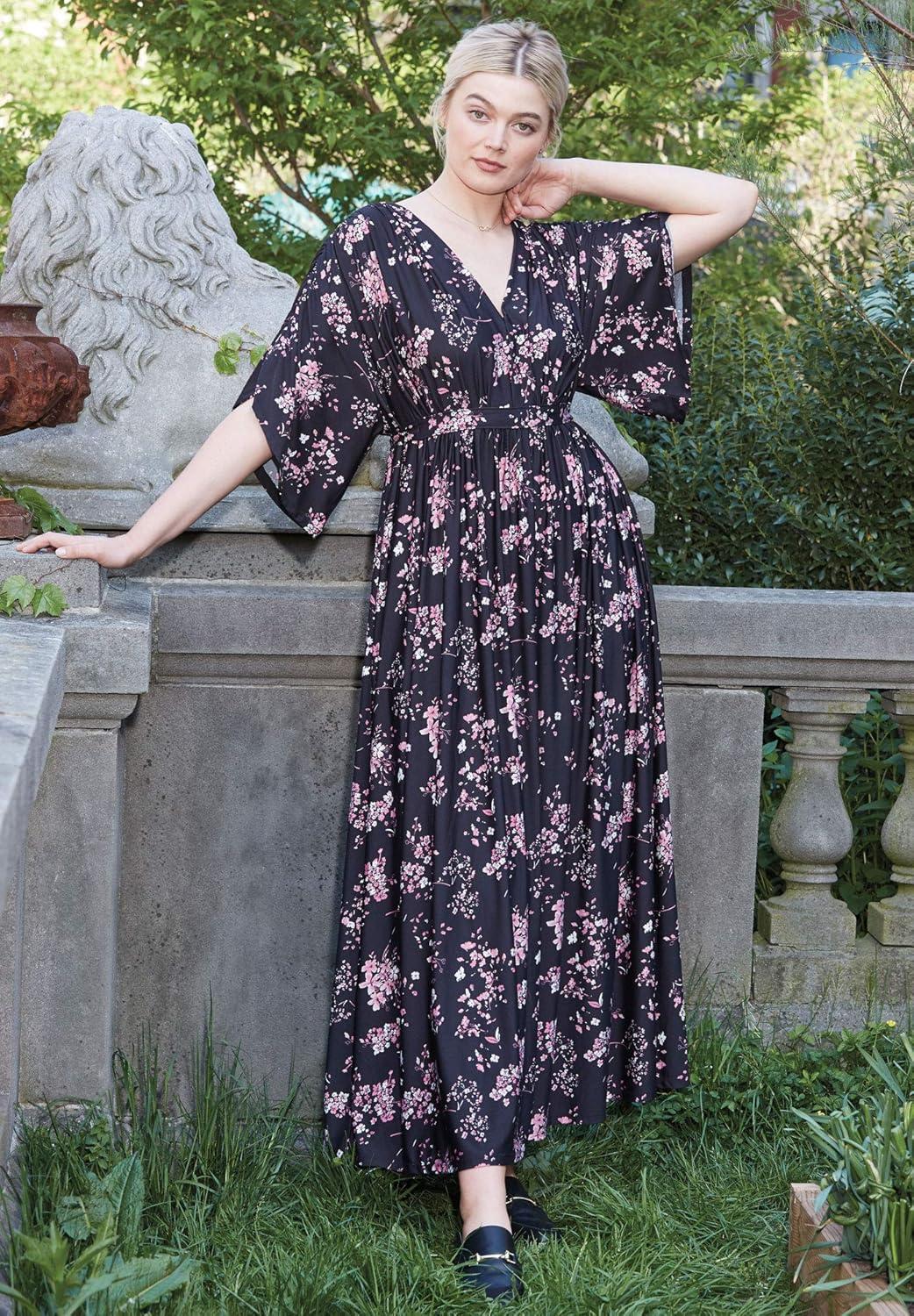 image:imageEllos Plus Size Knit TieBack MaxiBlack Tropical Print