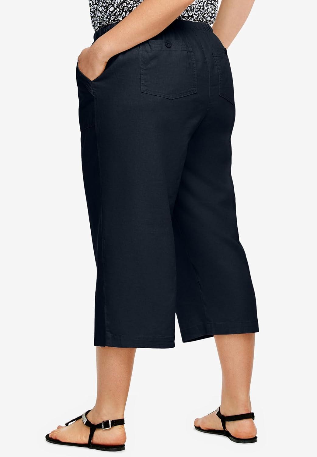 image:imageellos Plus Size LinenBlend Drawstring Elastic Waist Relaxed Fit CaprisBlack