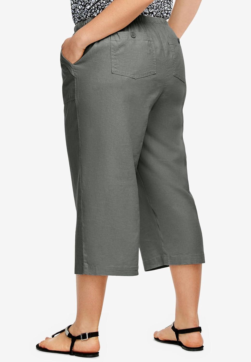 image:imageellos Plus Size LinenBlend Drawstring Elastic Waist Relaxed Fit CaprisOlive Grey