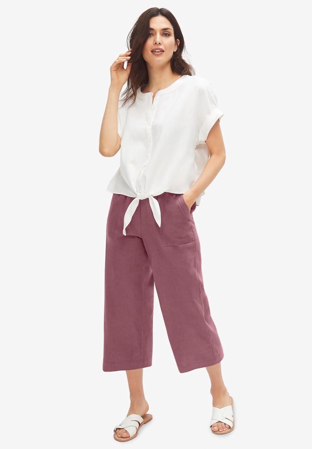 image:imageellos Plus Size LinenBlend Drawstring Elastic Waist Relaxed Fit CaprisPecan Brown