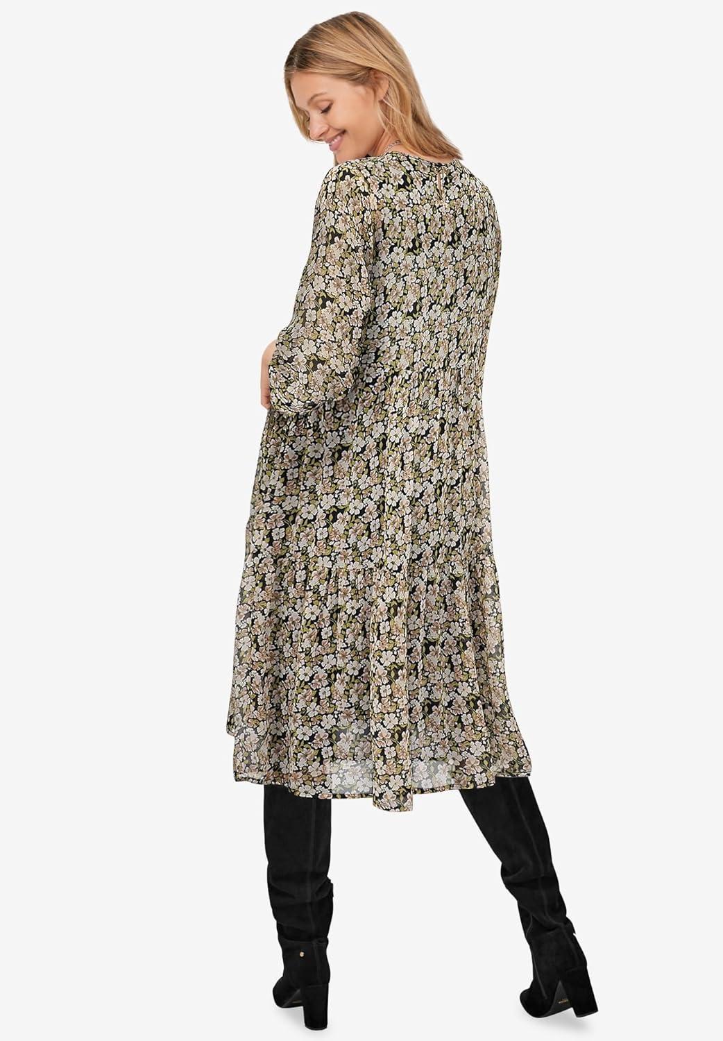 image:imageellos Plus Size Sheer Overlay Tiered DressBlack Ivory Floral