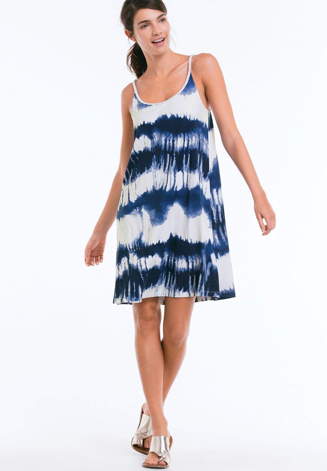 image:imageellos Plus Size Stretch Knit Scoop Neck Tank A Line DressBlue Green Fern Print