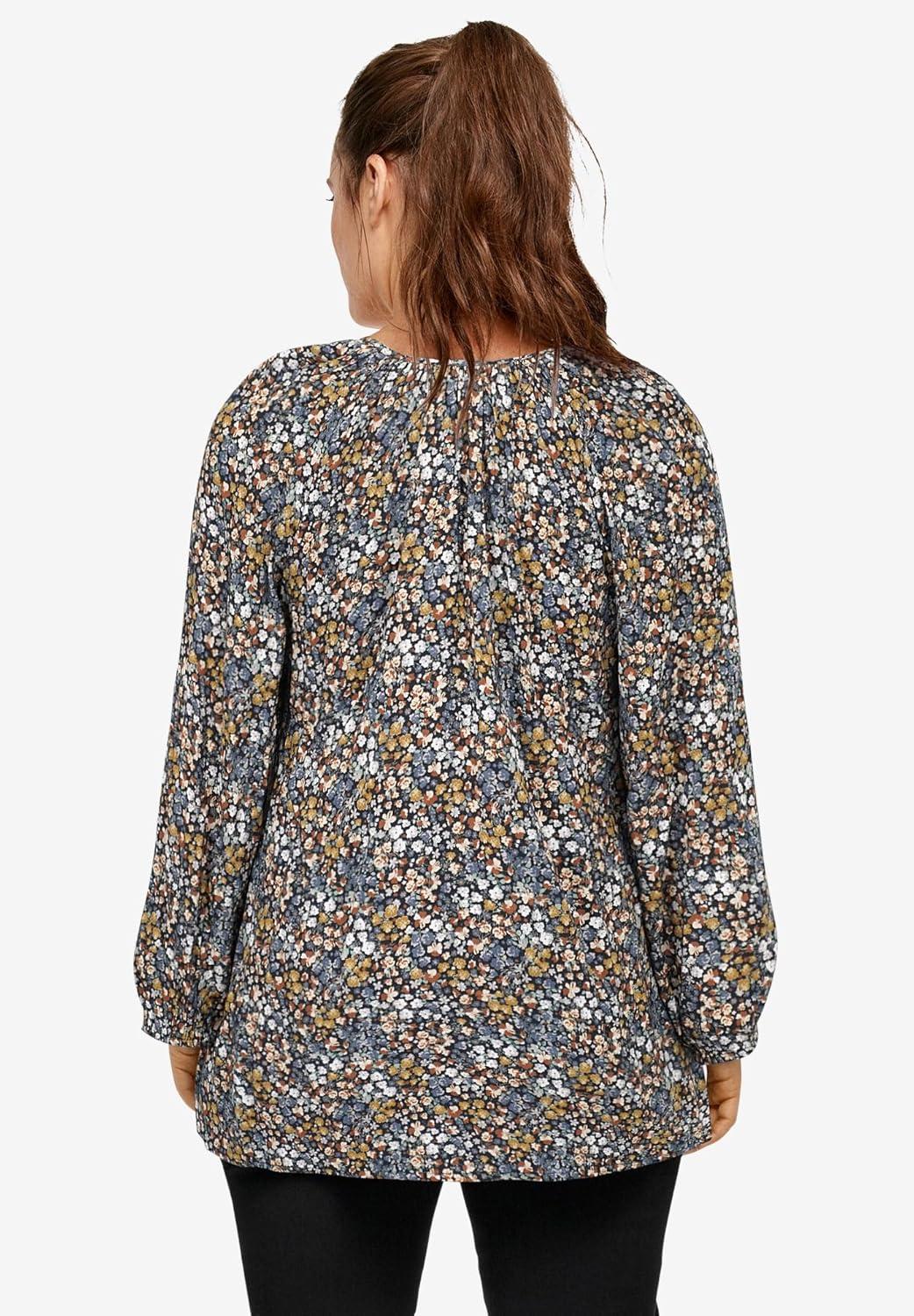 image:imageellos Plus Size Tie Neck Peasant TunicBlack Multi Ditsy Floral