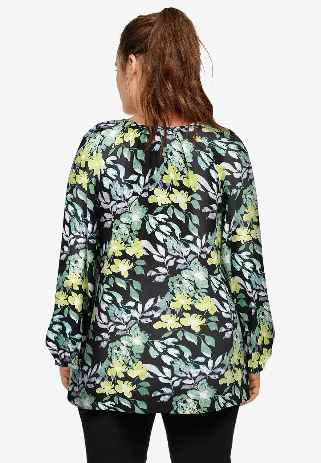 image:imageellos Plus Size Tie Neck Peasant TunicBlack Multi Green Floral