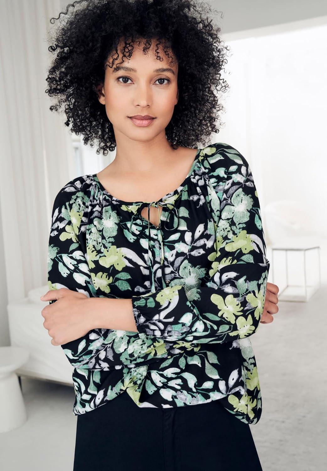 image:imageellos Plus Size Tie Neck Peasant TunicBlack Multi Green Floral