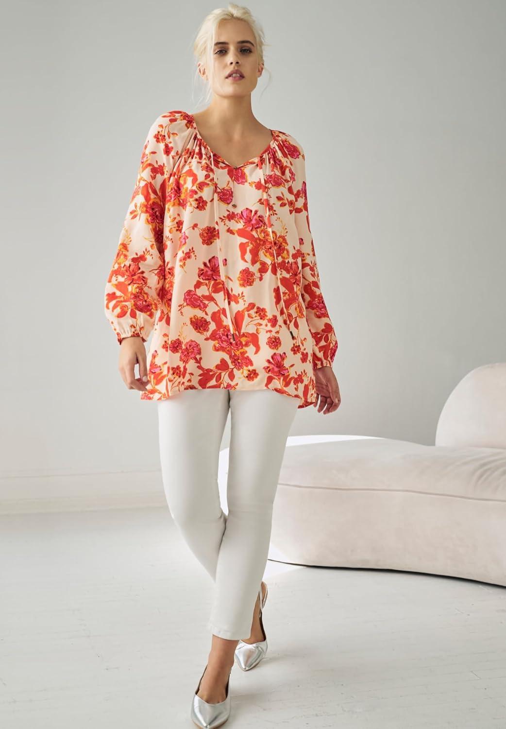 image:imageellos Plus Size Tie Neck Peasant TunicLight Coral Floral