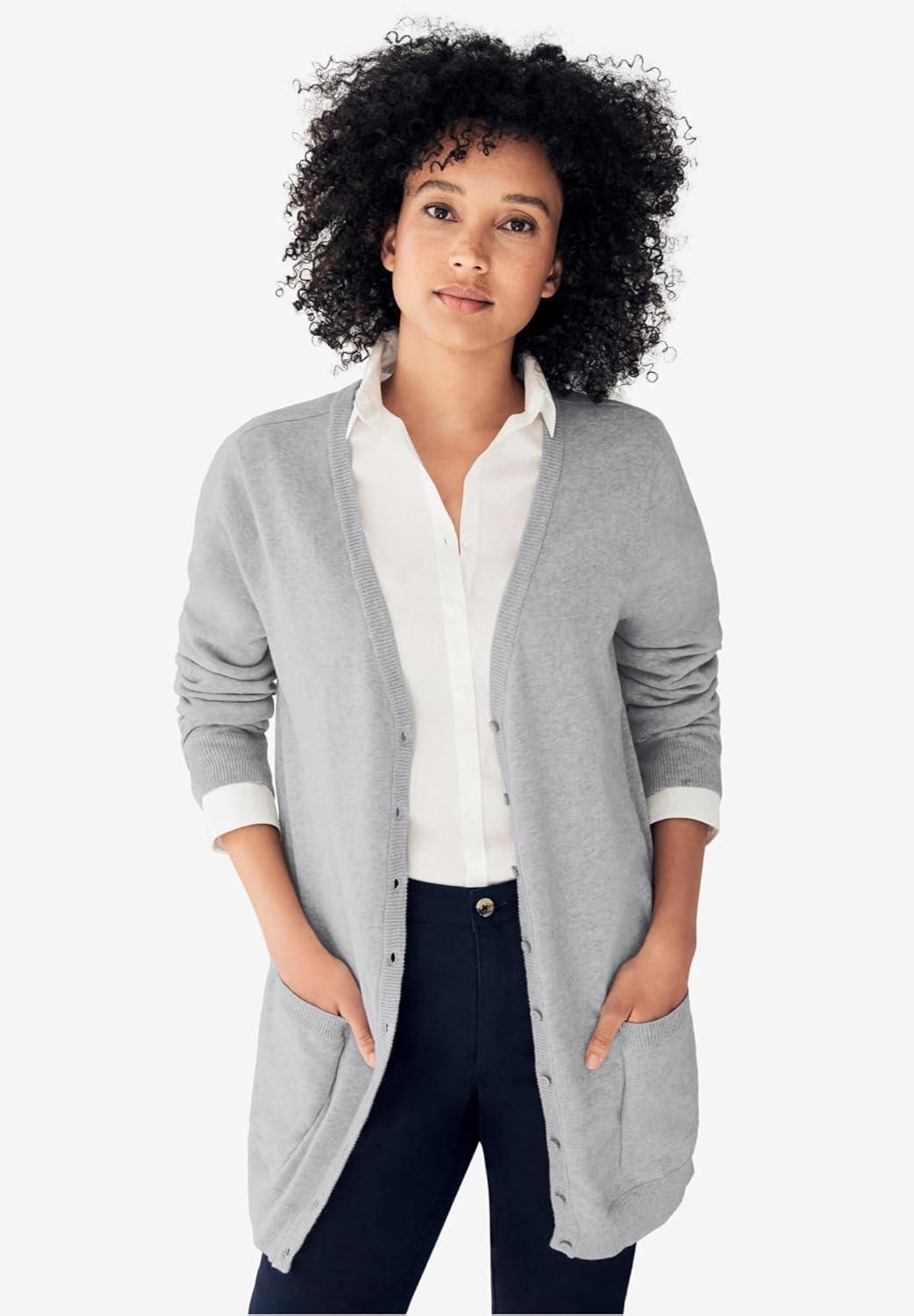 image:imageellos Plus Size VNeck ButtonFront 100 Cotton Boyfriend CardiganForest Jade