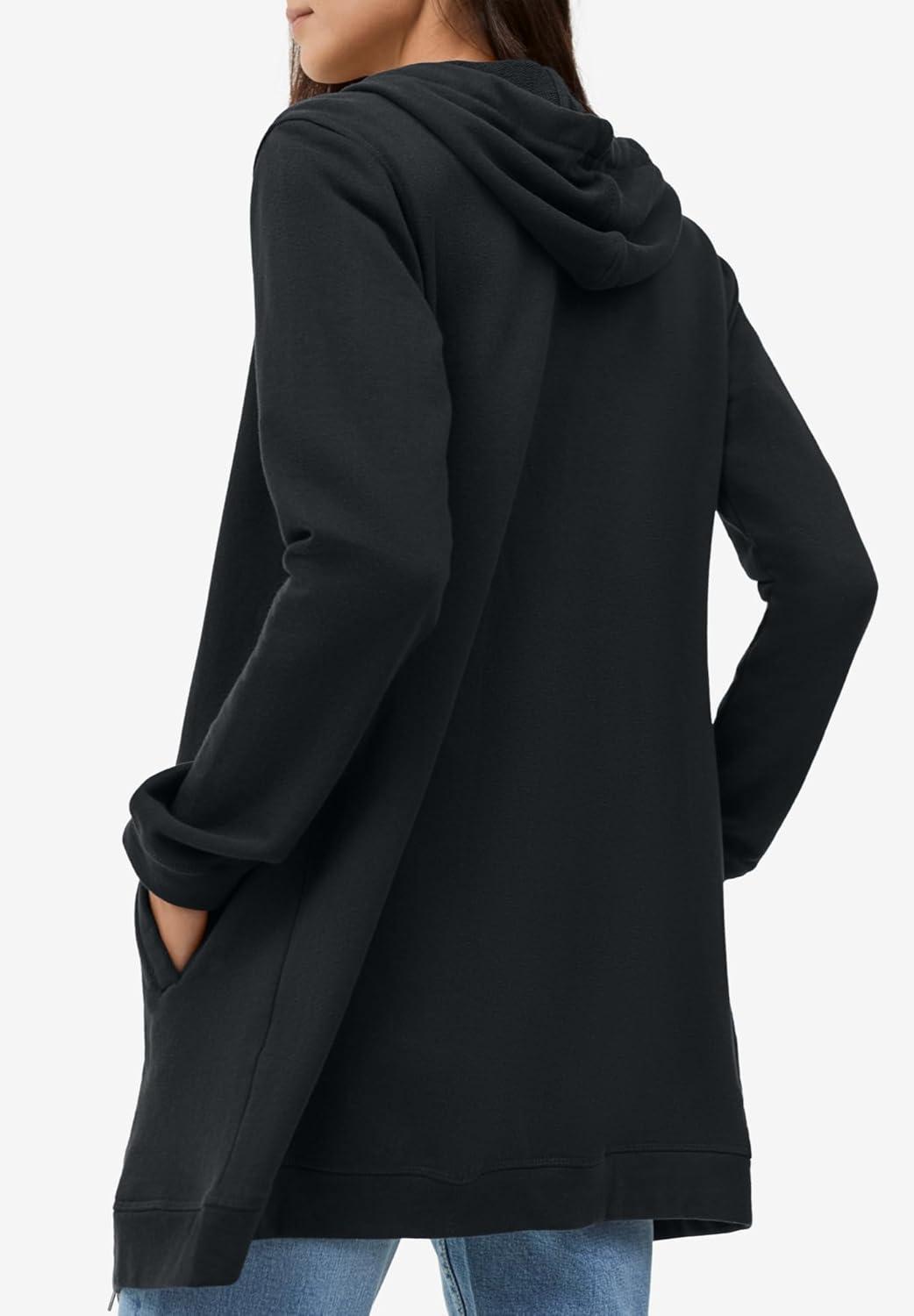 image:imageellos Womens Plus Size Long Zip Front Hoodie French Terry Long Oversized Lightweight JacketBlack