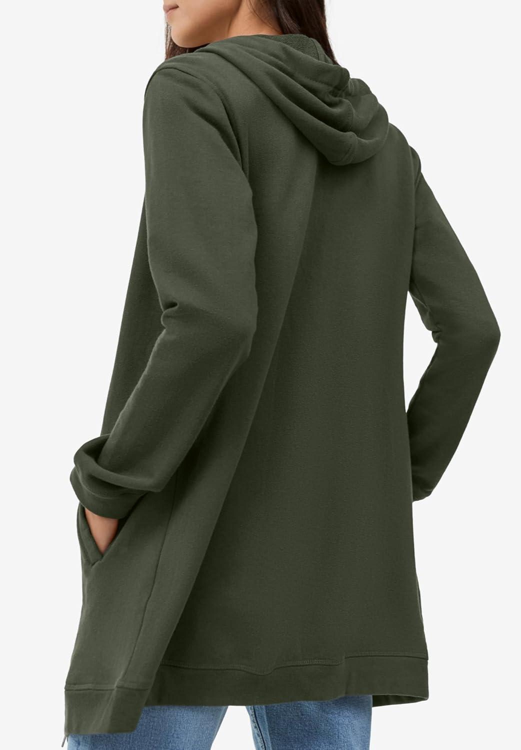 image:imageellos Womens Plus Size Long Zip Front Hoodie French Terry Long Oversized Lightweight JacketDeep Olive