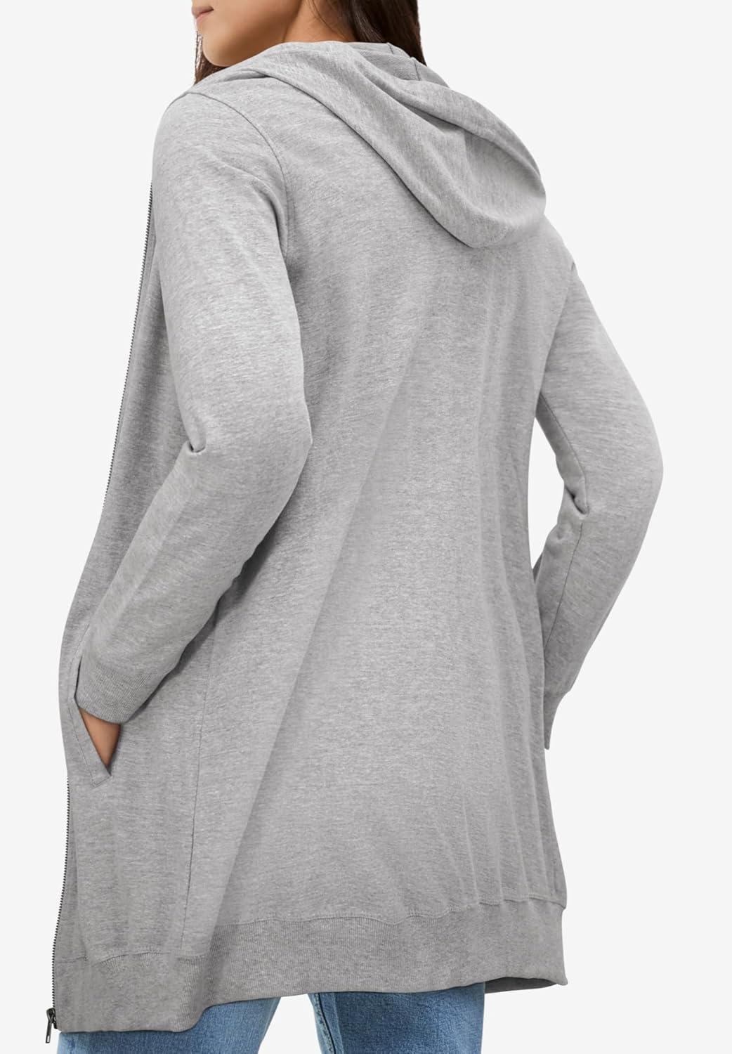 image:imageellos Womens Plus Size Long Zip Front Hoodie French Terry Long Oversized Lightweight JacketHeather Grey