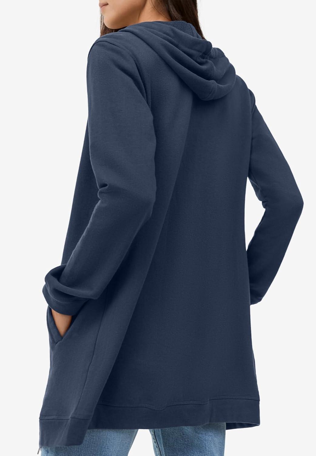 image:imageellos Womens Plus Size Long Zip Front Hoodie French Terry Long Oversized Lightweight JacketNavy