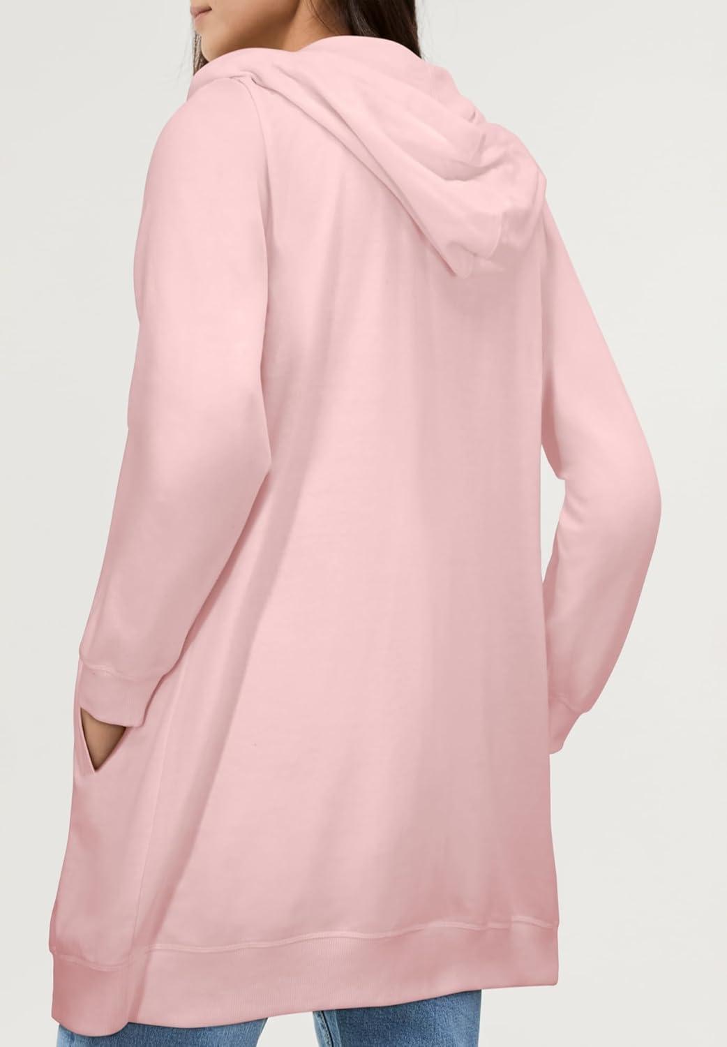 image:imageellos Womens Plus Size Long Zip Front Hoodie French Terry Long Oversized Lightweight JacketWood Rose Pink