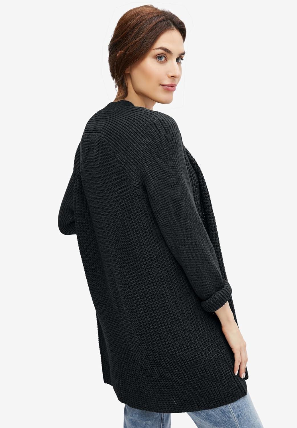 image:imageellos Womens Plus Size Open Front Waffle Cardigan Oversized Long Lightweight SweaterBlack