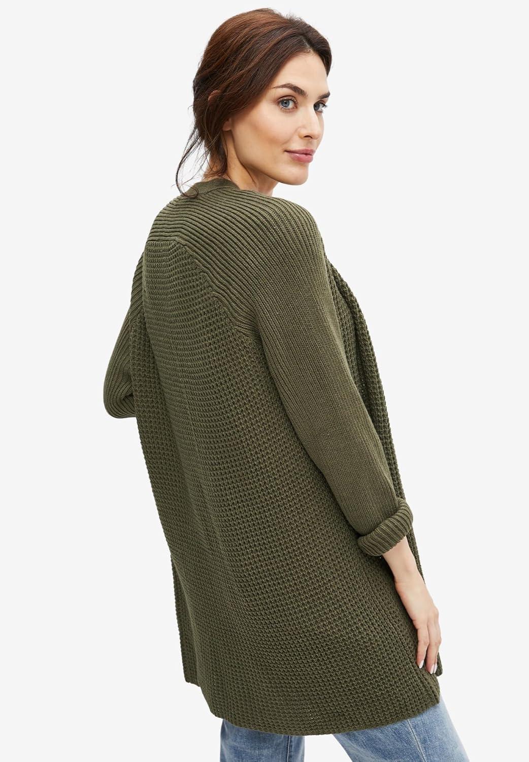 image:imageellos Womens Plus Size Open Front Waffle Cardigan Oversized Long Lightweight SweaterDark Olive Green