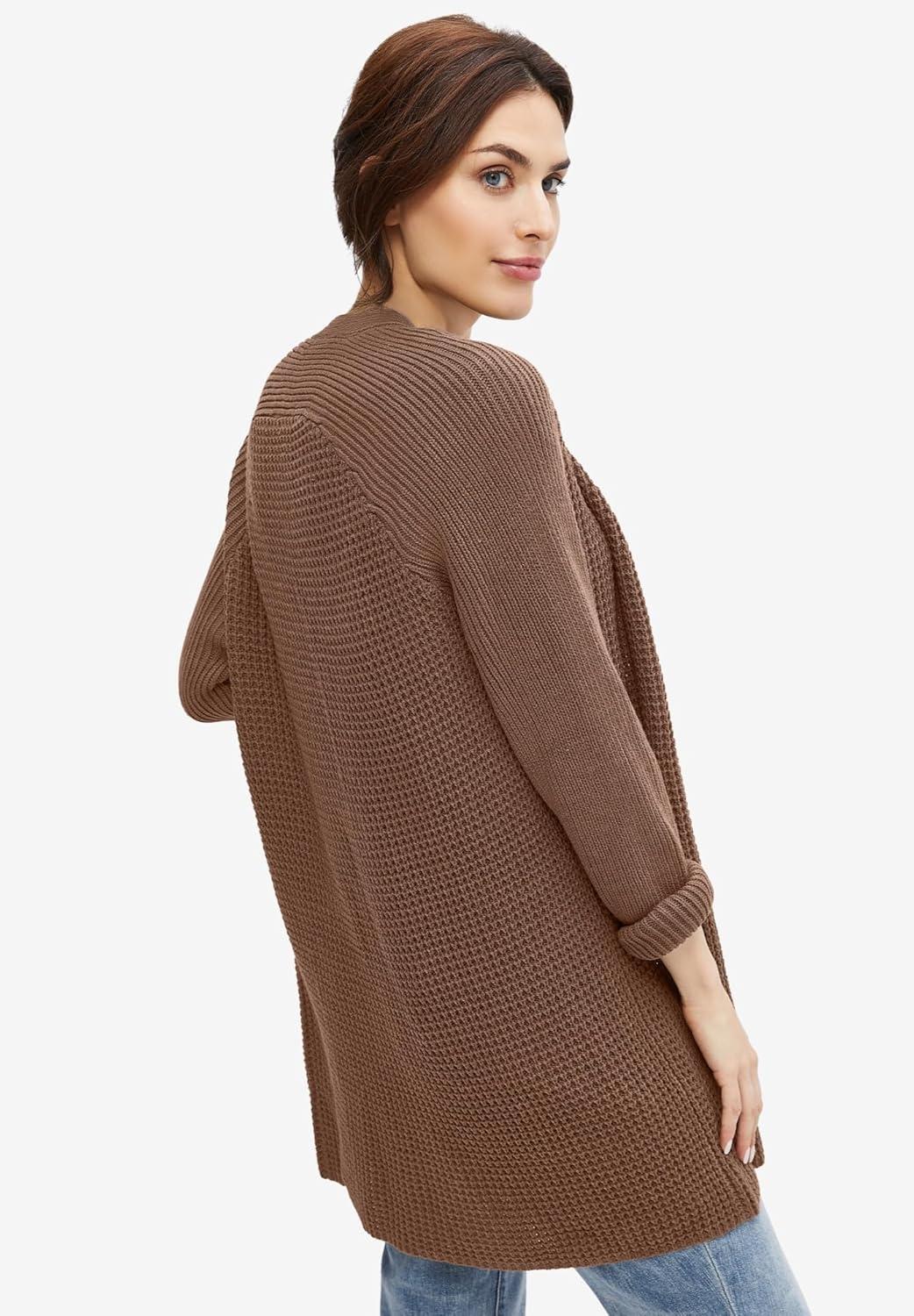 image:imageellos Womens Plus Size Open Front Waffle Cardigan Oversized Long Lightweight SweaterPecan Brown