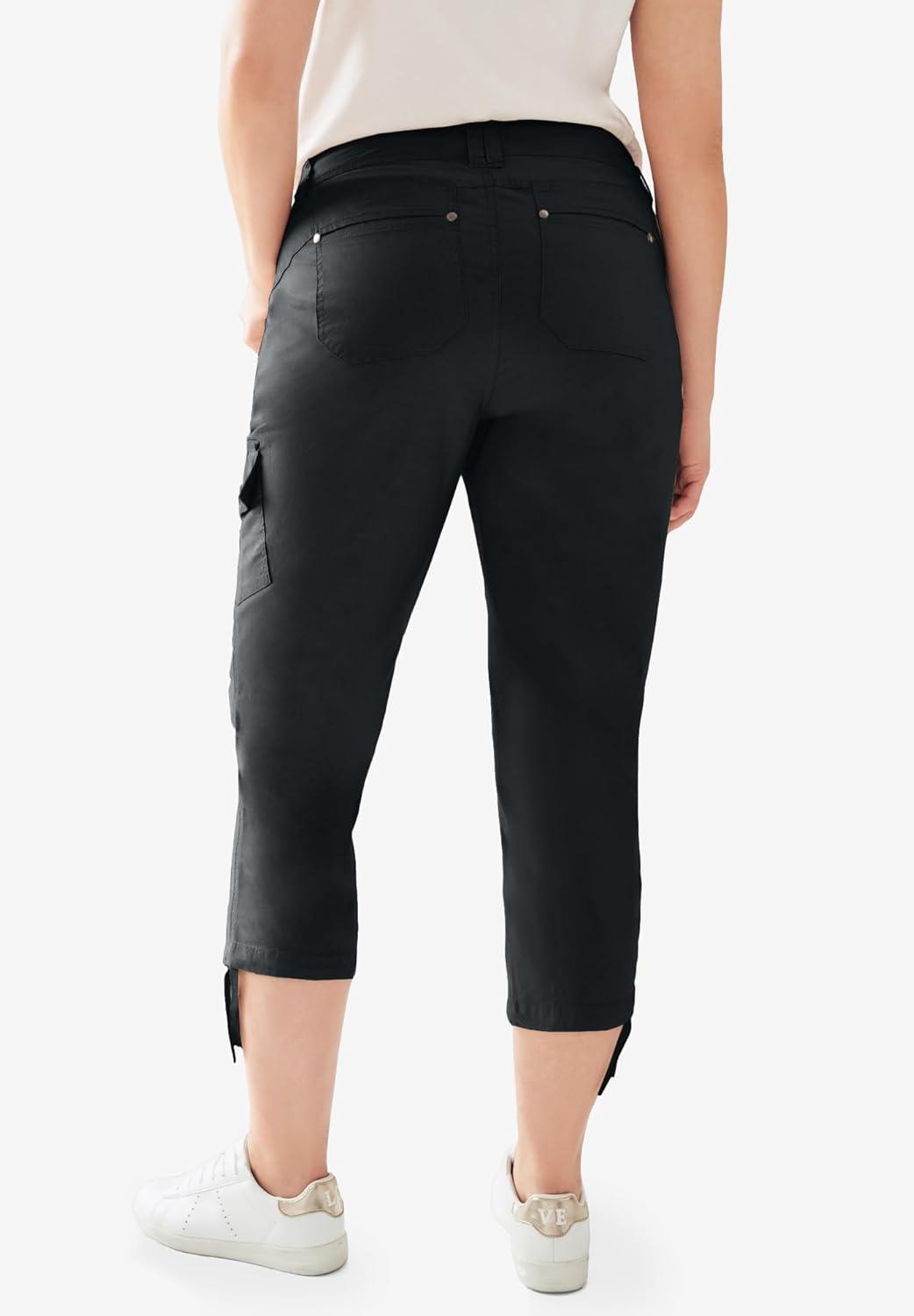 image:imageellos Womens Plus Size Stretch Cargo Capris Front and Side Pockets Casual Cropped PantsBlack