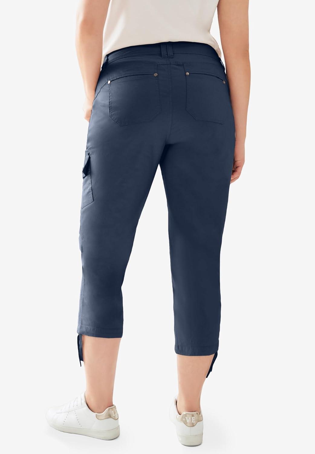 image:imageellos Womens Plus Size Stretch Cargo Capris Front and Side Pockets Casual Cropped PantsNavy