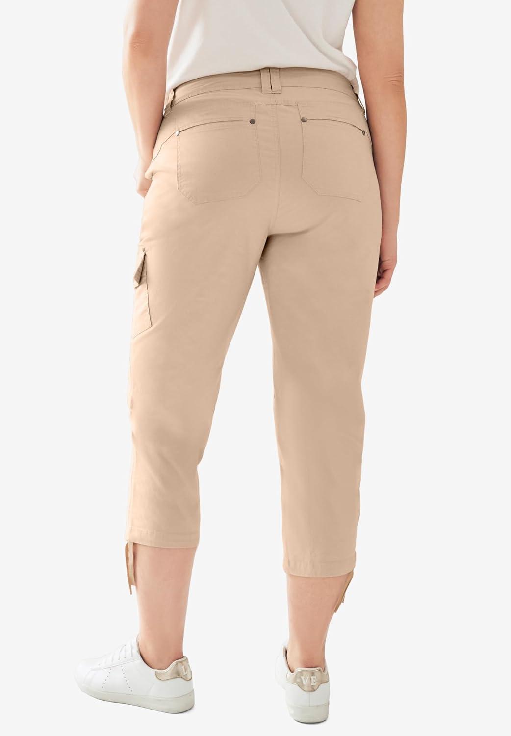 image:imageellos Womens Plus Size Stretch Cargo Capris Front and Side Pockets Casual Cropped PantsNew Khaki