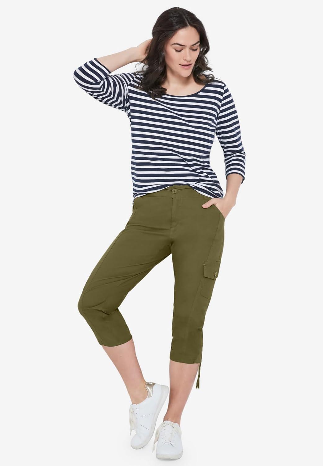 image:imageellos Womens Plus Size Stretch Cargo Capris Front and Side Pockets Casual Cropped PantsSlate