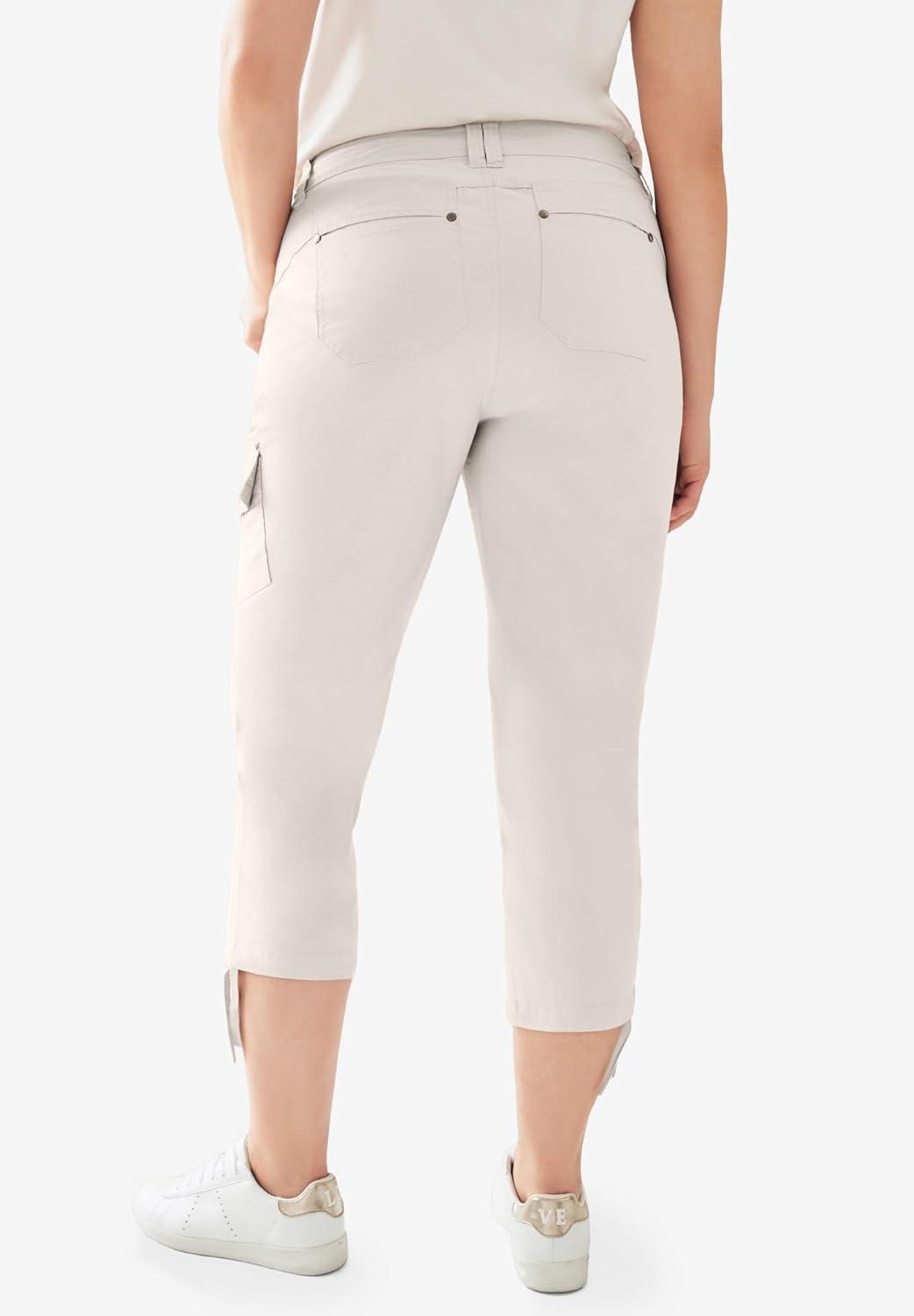 image:imageellos Womens Plus Size Stretch Cargo Capris Front and Side Pockets Casual Cropped PantsStone