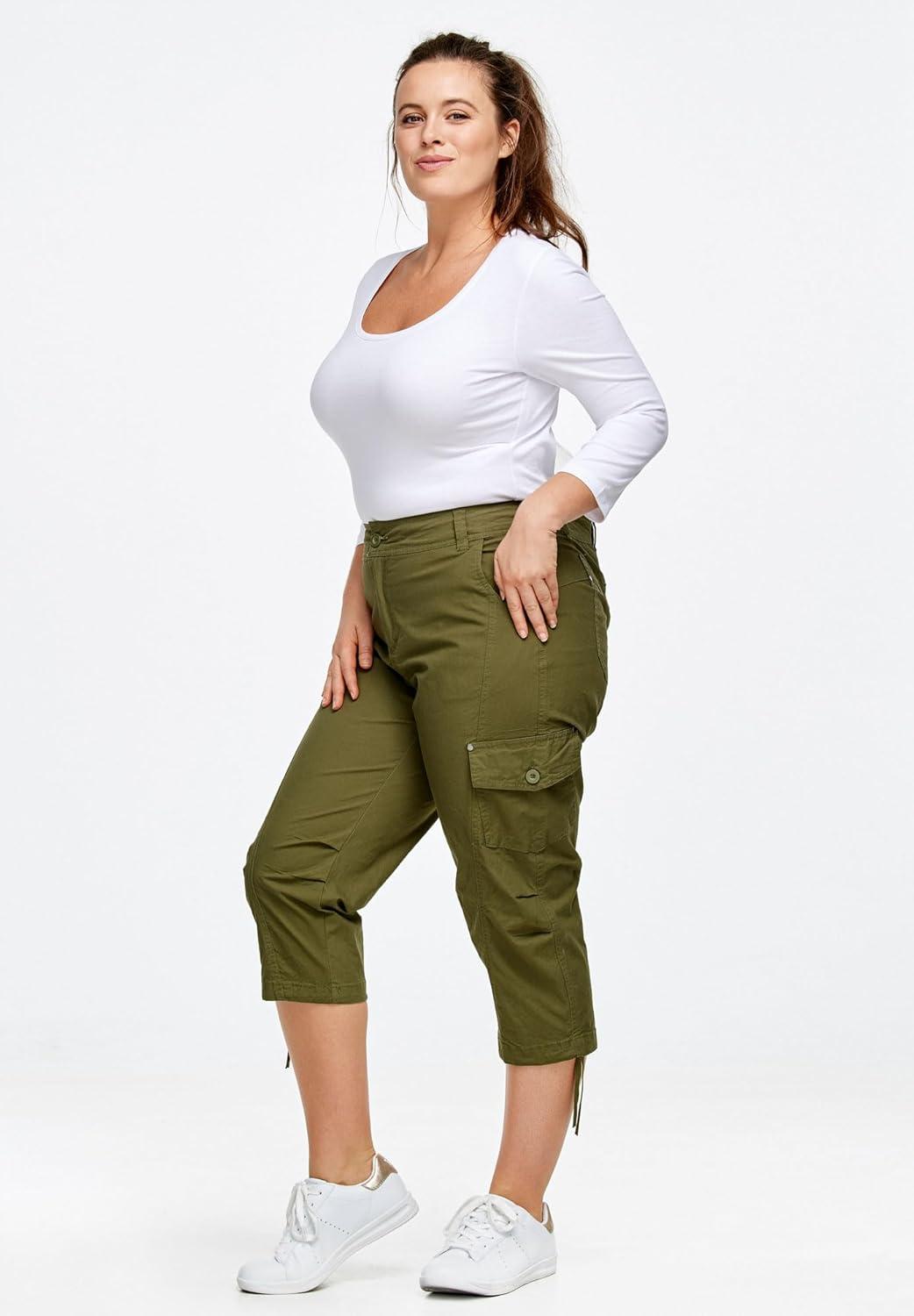 image:imageellos Womens Plus Size Stretch Cargo Capris Front and Side Pockets Casual Cropped PantsWhite