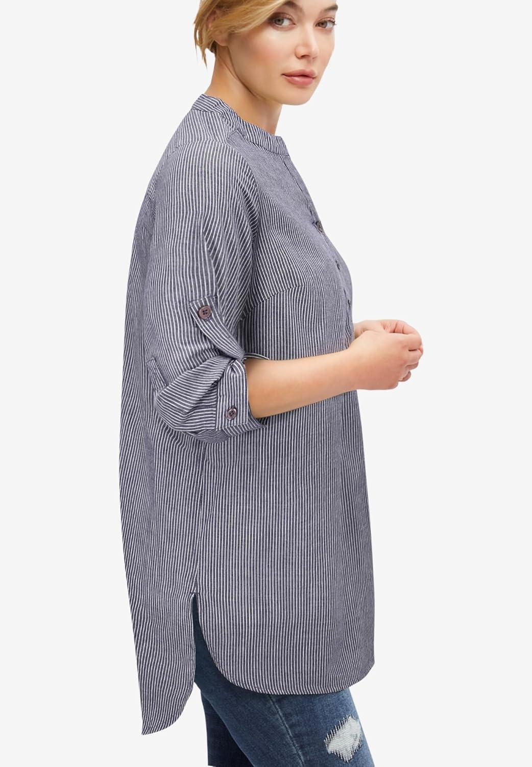 image:imageellos Womens Plus Size Striped Henley Tunic Oversized Long Top Wear with LeggingsMidnight Violet Stripe