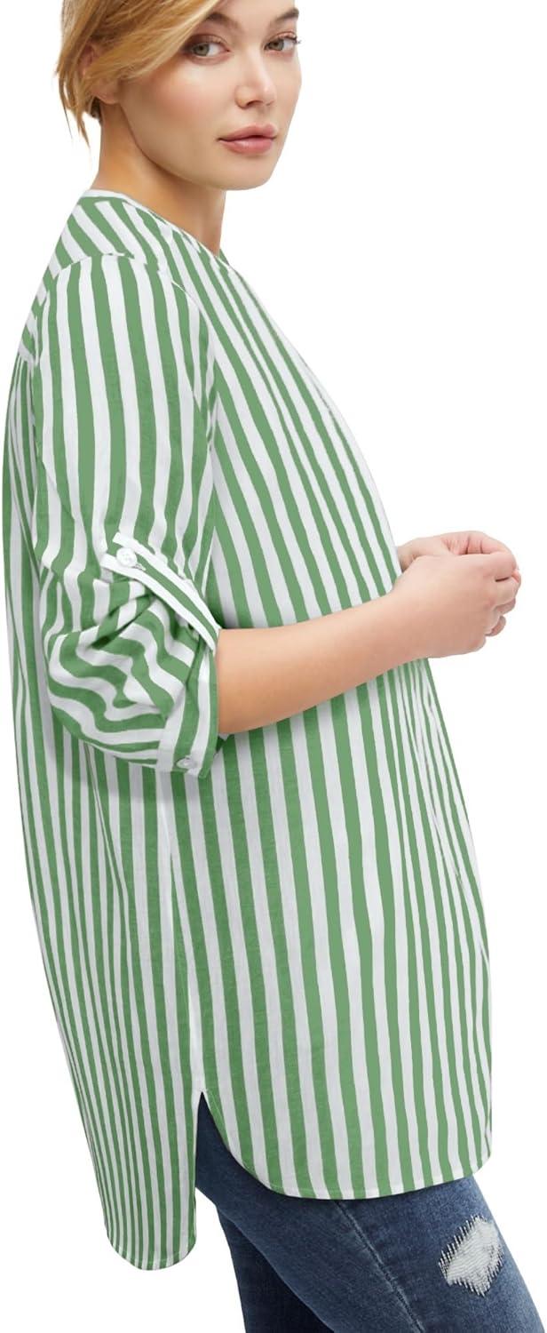 image:imageellos Womens Plus Size Striped Henley Tunic Oversized Long Top Wear with LeggingsTropical Jade Stripe