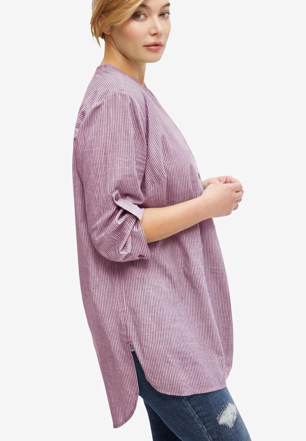 image:imageellos Womens Plus Size Striped Henley Tunic Oversized Long Top Wear with LeggingsViolet Bloom Stripe