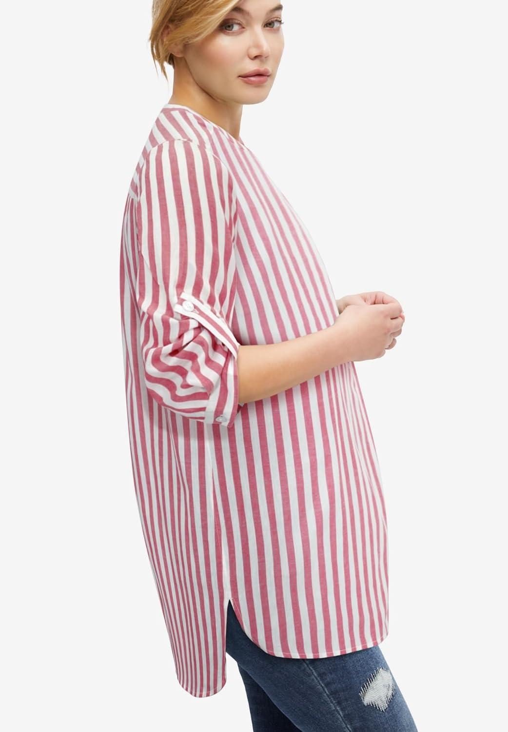 image:imageellos Womens Plus Size Striped Henley Tunic Oversized Long Top Wear with LeggingsWashed Rose Stripe