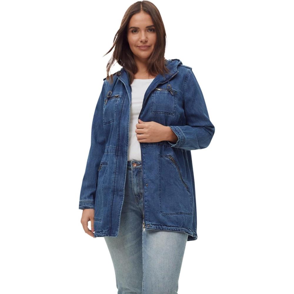 image:imageEllos Plus Size Hooded Anorak Denim JacketDark Blue Stonewash