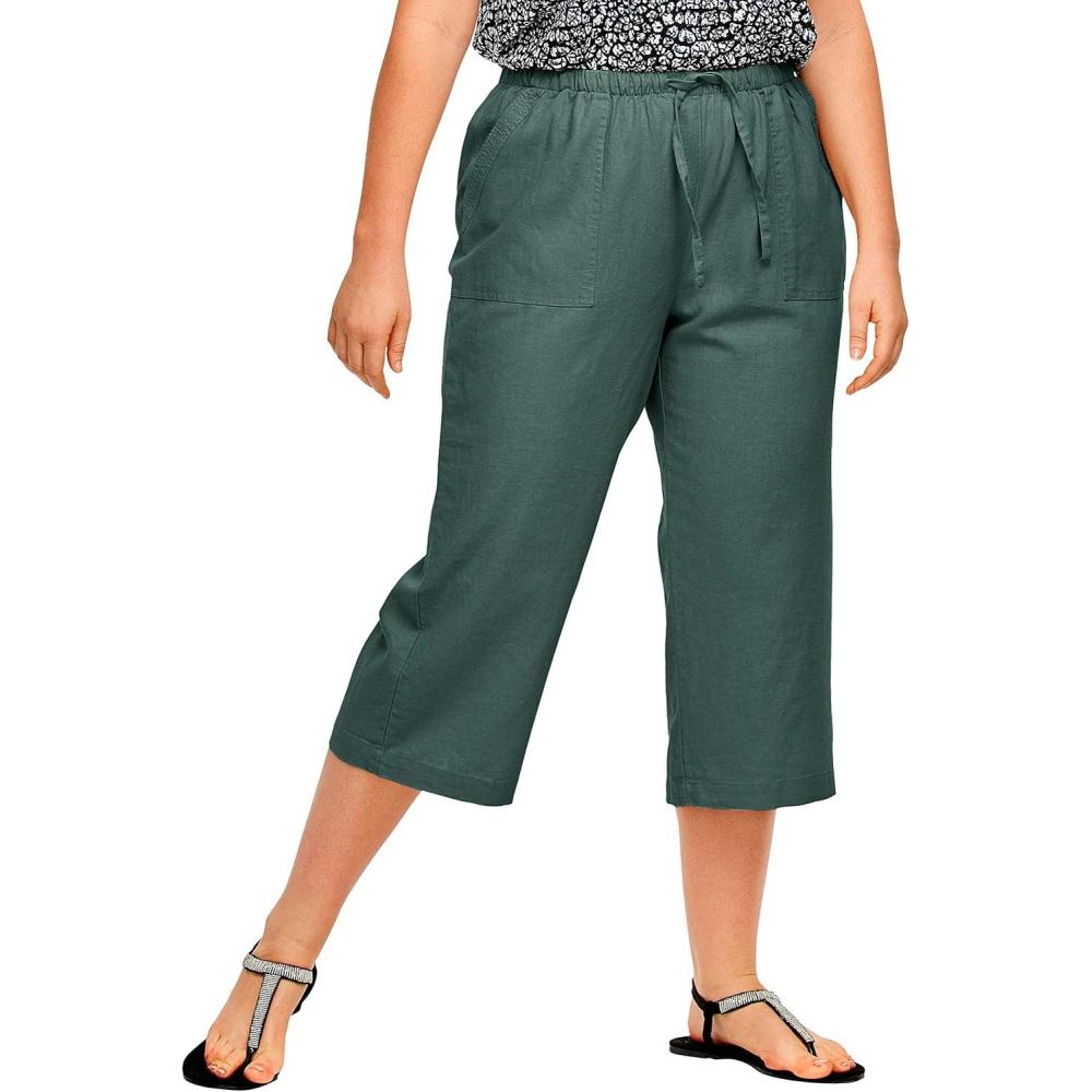 image:imageellos Plus Size LinenBlend Drawstring Elastic Waist Relaxed Fit CaprisMidnight Green