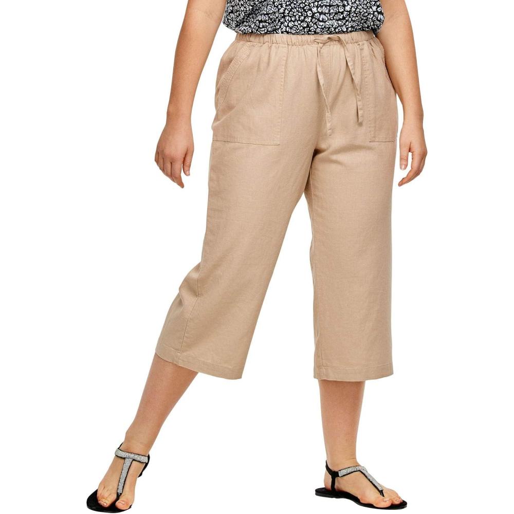 image:imageellos Plus Size LinenBlend Drawstring Elastic Waist Relaxed Fit CaprisNew Khaki