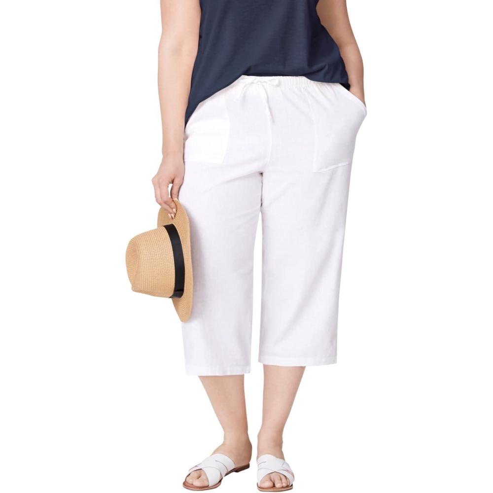 image:imageellos Plus Size LinenBlend Drawstring Elastic Waist Relaxed Fit CaprisWhite