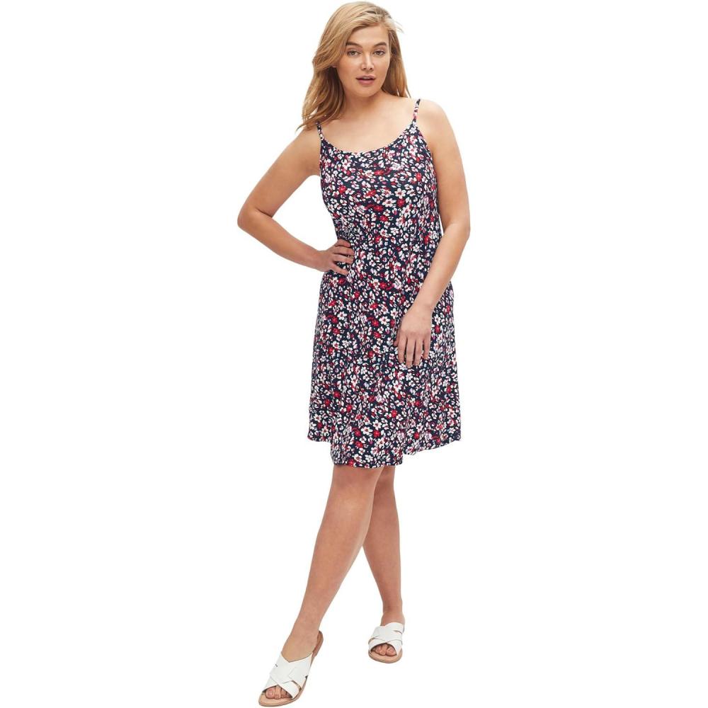 image:imageellos Plus Size Stretch Knit Scoop Neck Tank A Line DressNavy Red Ditsy Floral