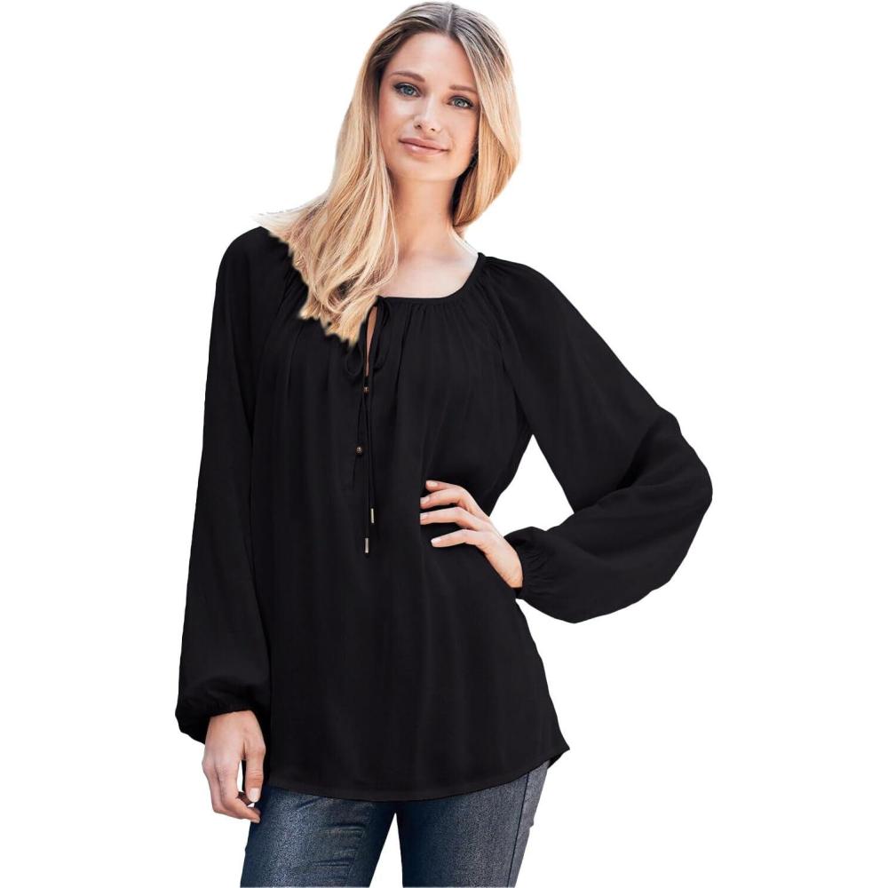 image:imageellos Plus Size Tie Neck Peasant TunicBlack