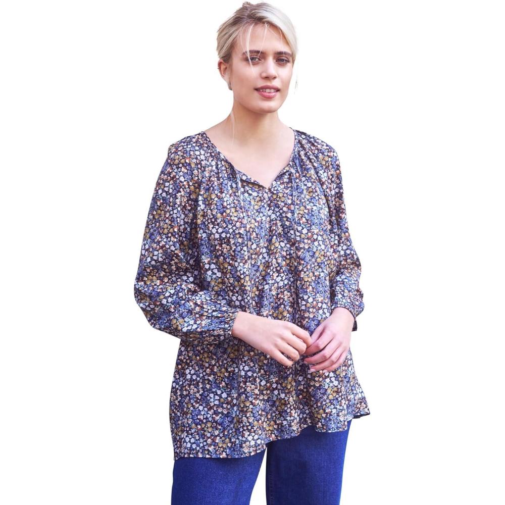 image:imageellos Plus Size Tie Neck Peasant TunicBlack Multi Ditsy Floral