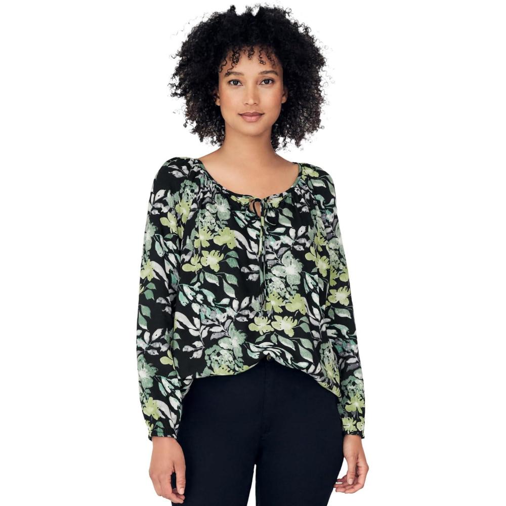 image:imageellos Plus Size Tie Neck Peasant TunicBlack Multi Green Floral