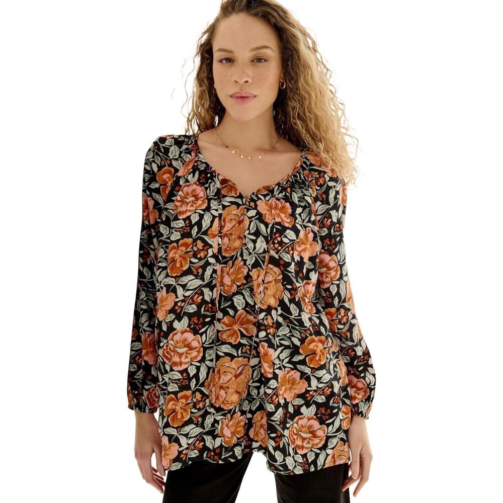 image:imageellos Plus Size Tie Neck Peasant TunicBlack Rust Floral