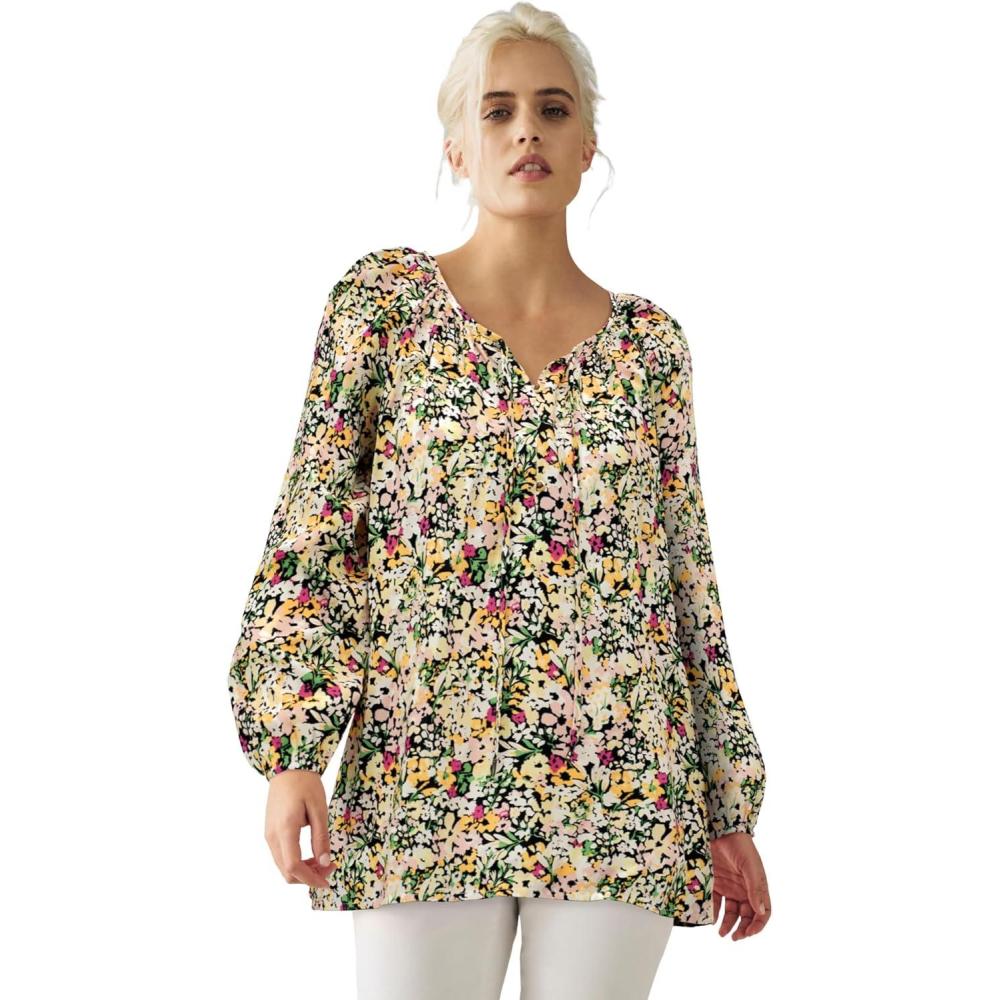 image:imageellos Plus Size Tie Neck Peasant TunicButter Multi Floral