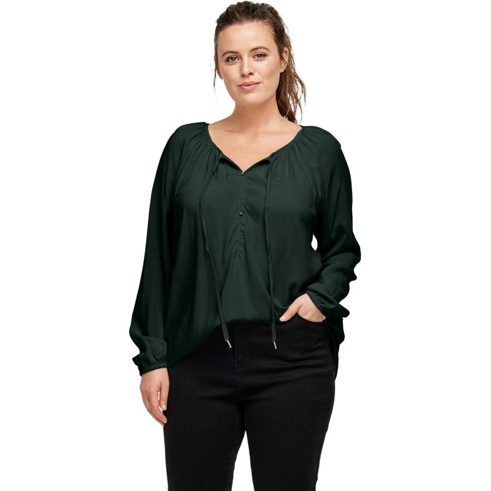 image:imageellos Plus Size Tie Neck Peasant TunicDeep Emerald