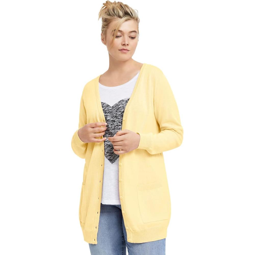 image:imageellos Plus Size VNeck ButtonFront 100 Cotton Boyfriend CardiganButter