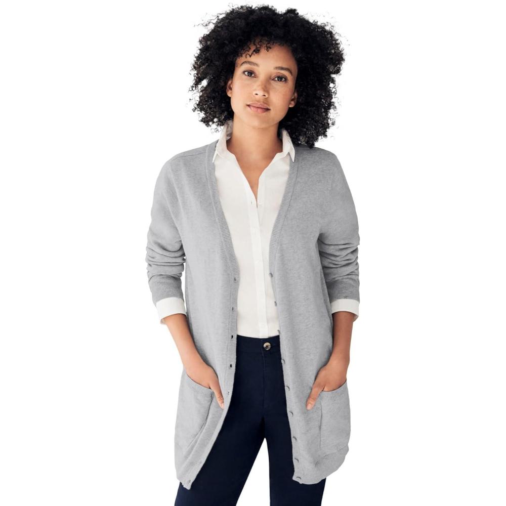 image:imageellos Plus Size VNeck ButtonFront 100 Cotton Boyfriend CardiganHeather Grey