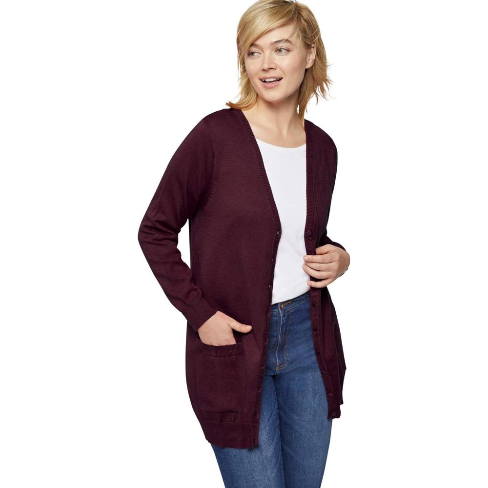 image:imageellos Plus Size VNeck ButtonFront 100 Cotton Boyfriend CardiganMidnight Berry