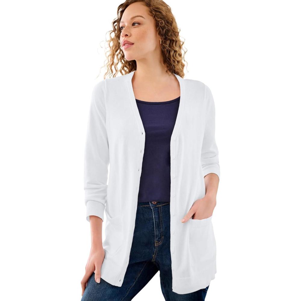 image:imageellos Plus Size VNeck ButtonFront 100 Cotton Boyfriend CardiganWhite