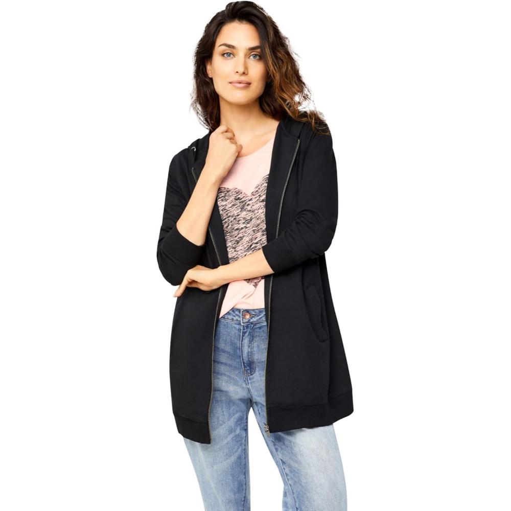 image:imageellos Womens Plus Size Long Zip Front Hoodie French Terry Long Oversized Lightweight JacketBlack
