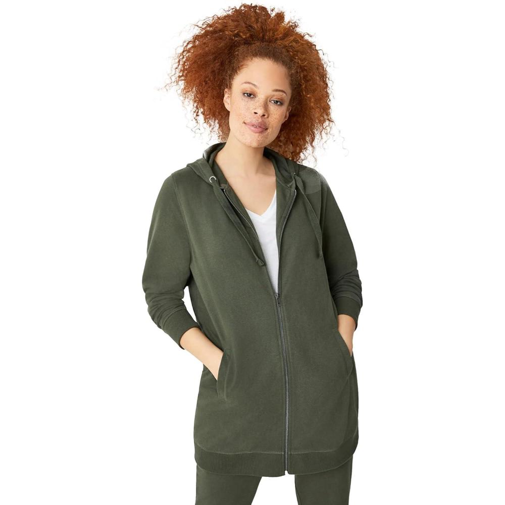image:imageellos Womens Plus Size Long Zip Front Hoodie French Terry Long Oversized Lightweight JacketDeep Olive
