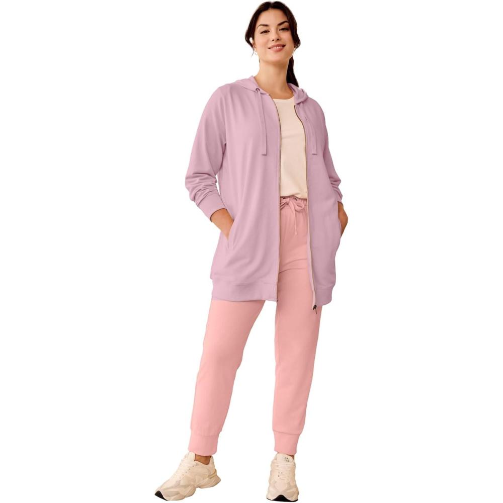 image:imageellos Womens Plus Size Long Zip Front Hoodie French Terry Long Oversized Lightweight JacketWood Rose Pink