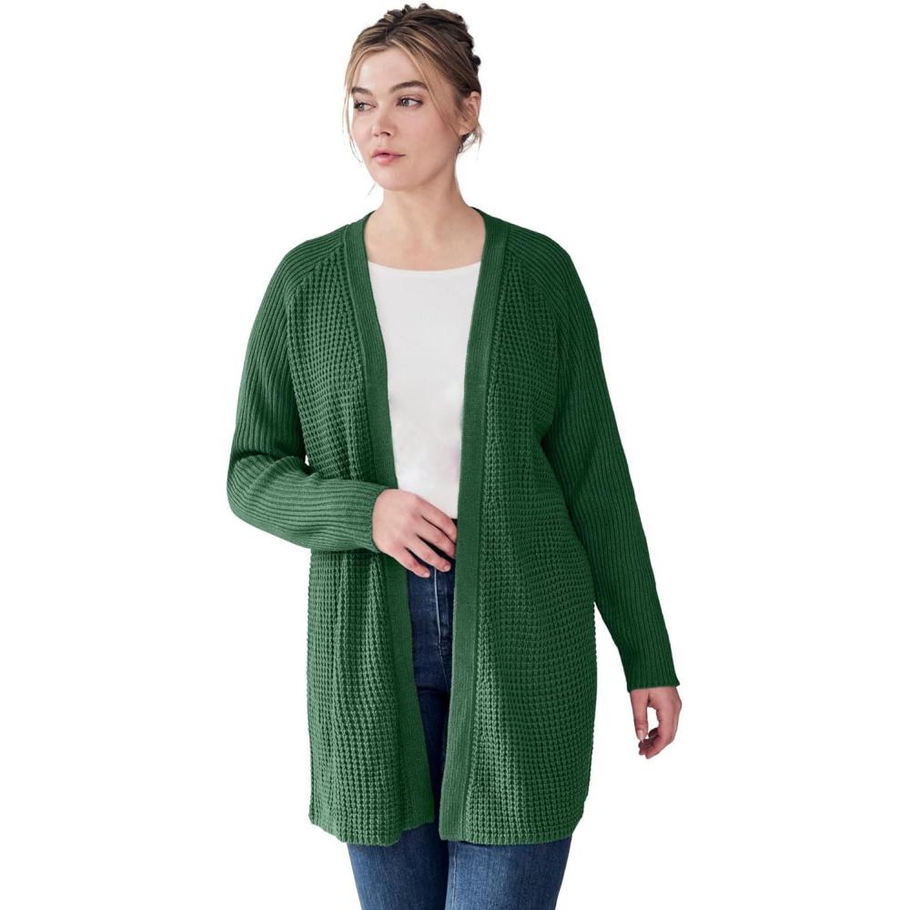 image:imageellos Womens Plus Size Open Front Waffle Cardigan Oversized Long Lightweight SweaterRich Pine