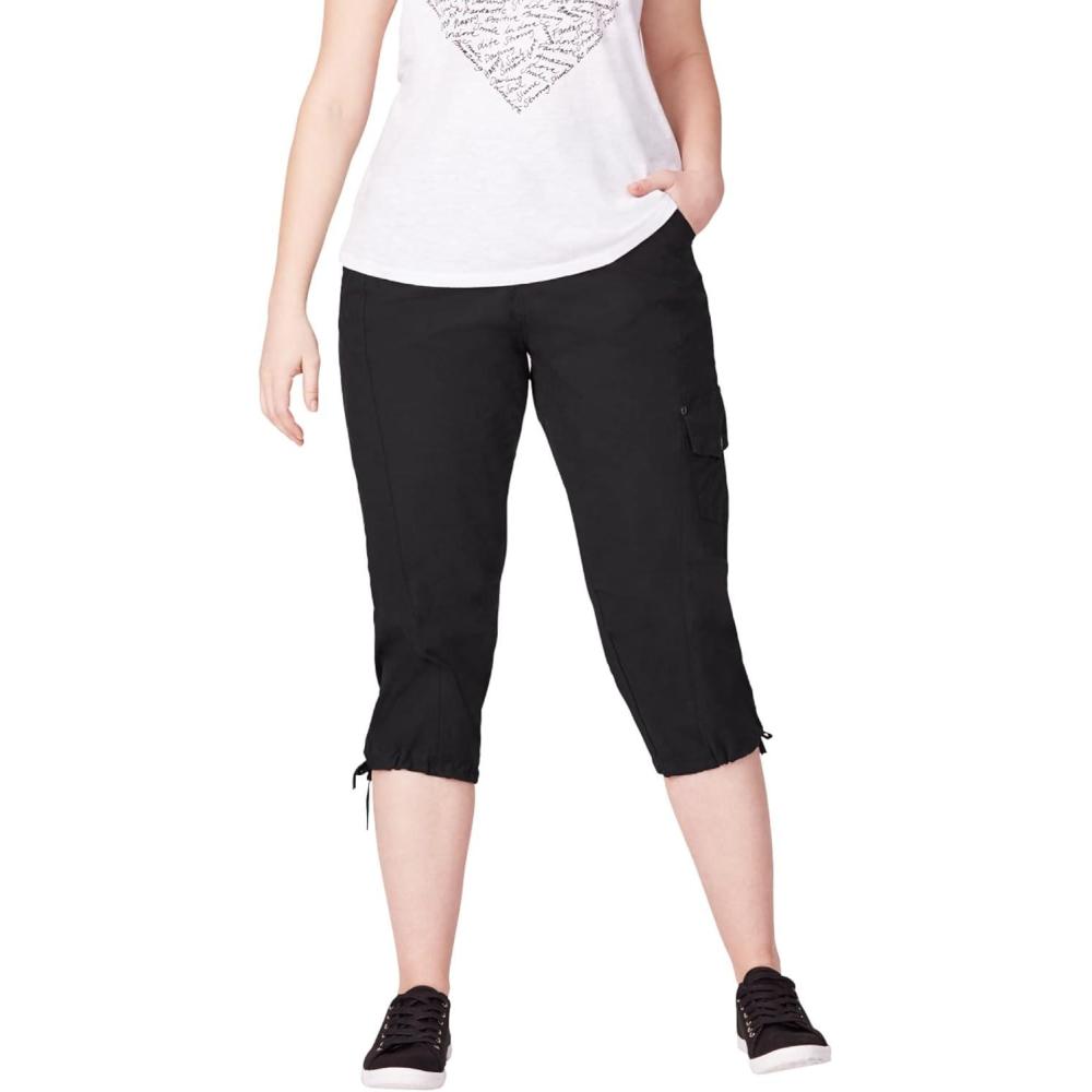 image:imageellos Womens Plus Size Stretch Cargo Capris Front and Side Pockets Casual Cropped PantsBlack